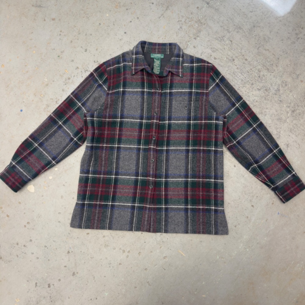 Lauren Ralph Lauren Lambswool Plaid Button Down Shirt Grey Red Green Large
